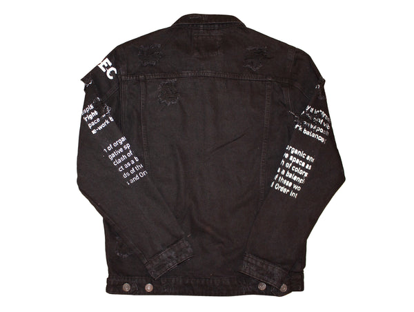 Black denim shop jacket with writing